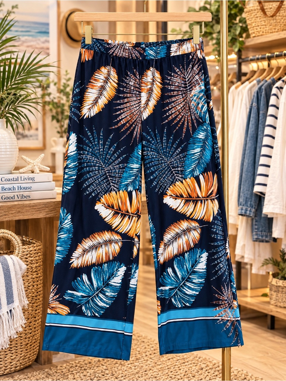 Peck & Peck Navy Blue Tropical Leaf Wide-Leg Pants